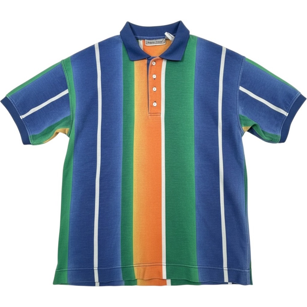 VIntage 90s Bugle Boy Polo Shirt Mens L Blue Green Orange Striped Color Block